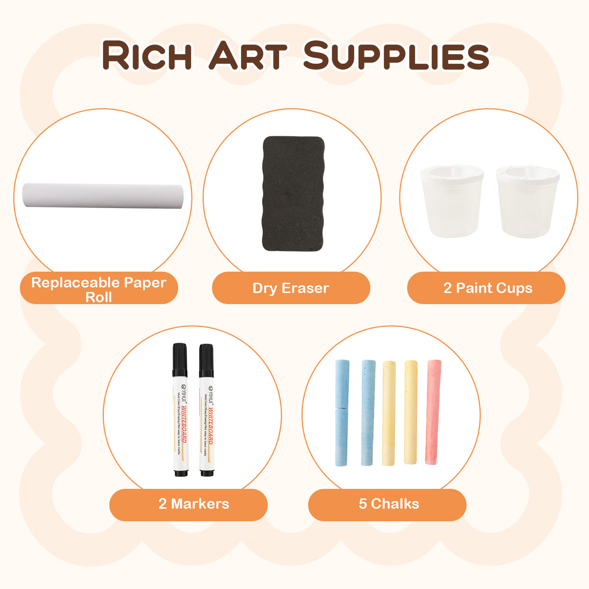 Art supplies included with the kids art easel table and bench set