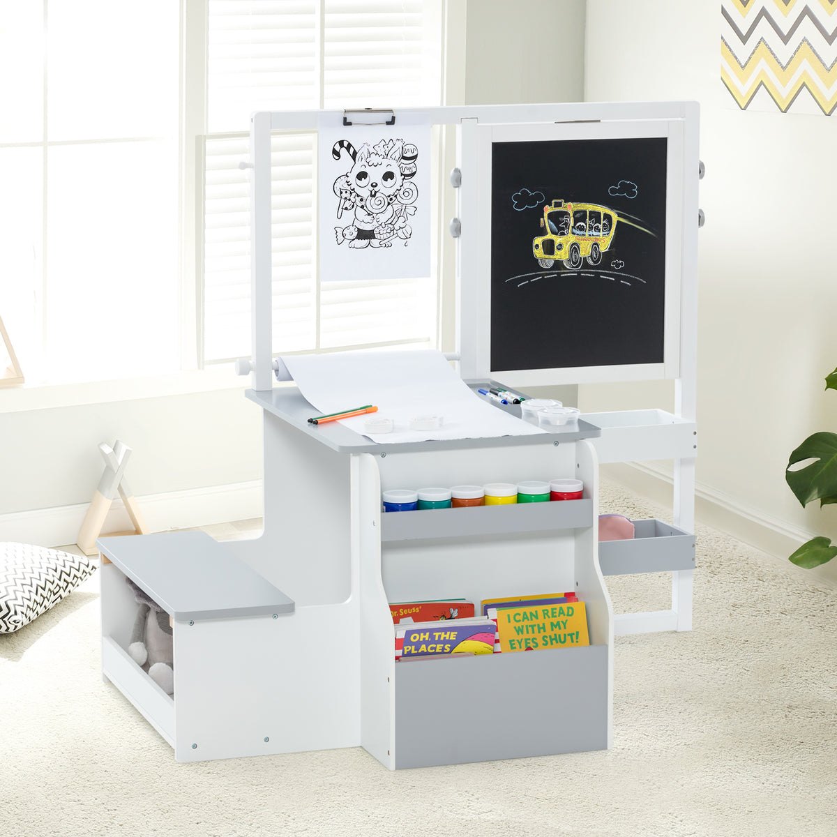 The art easel table and bench set with whiteboard, chalkboard and storage shelves