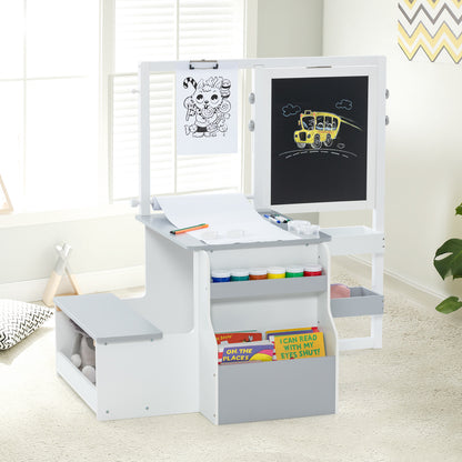 The art easel table and bench set with whiteboard, chalkboard and storage shelves