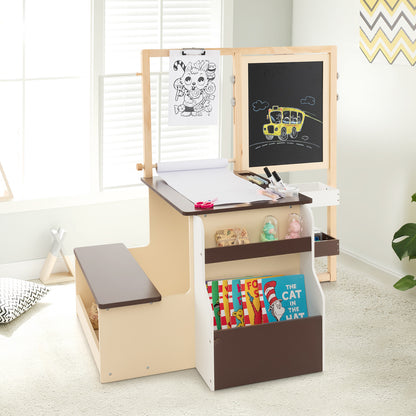 The kids table and chair set placed in a bright living room with books stored on the side