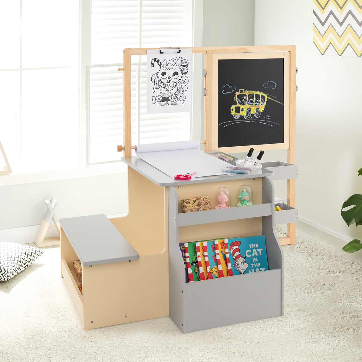 The kids art easel table and bench set with storage shelves and bookshelf