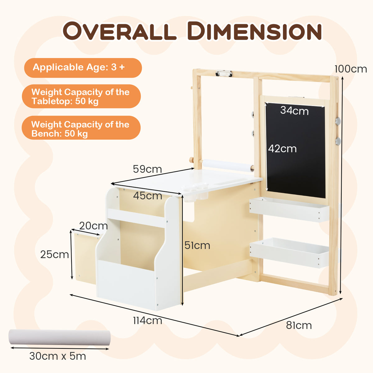 The art easel table and bench set with dimensions shown
