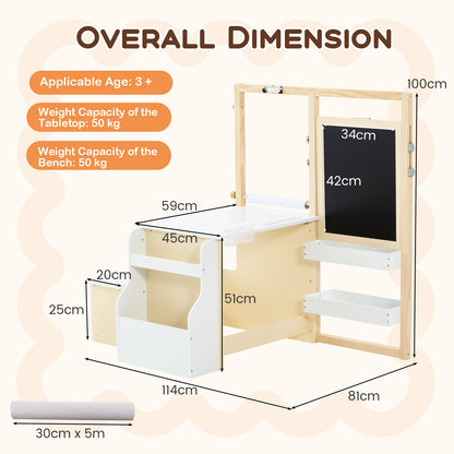 The art easel table and bench set with dimensions shown