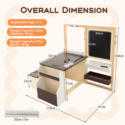 The kids table and chair set with arrows and labels indicating the overall product dimensions