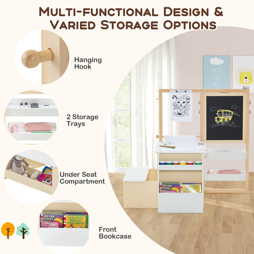 The art easel table and bench set showing storage options