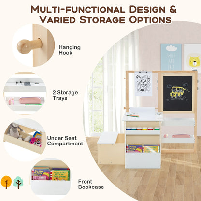 The art easel table and bench set showing storage options