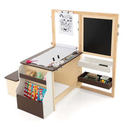 Kids Art Easel Table and Bench Set with a paper roll, chalkboard, and storage shelves