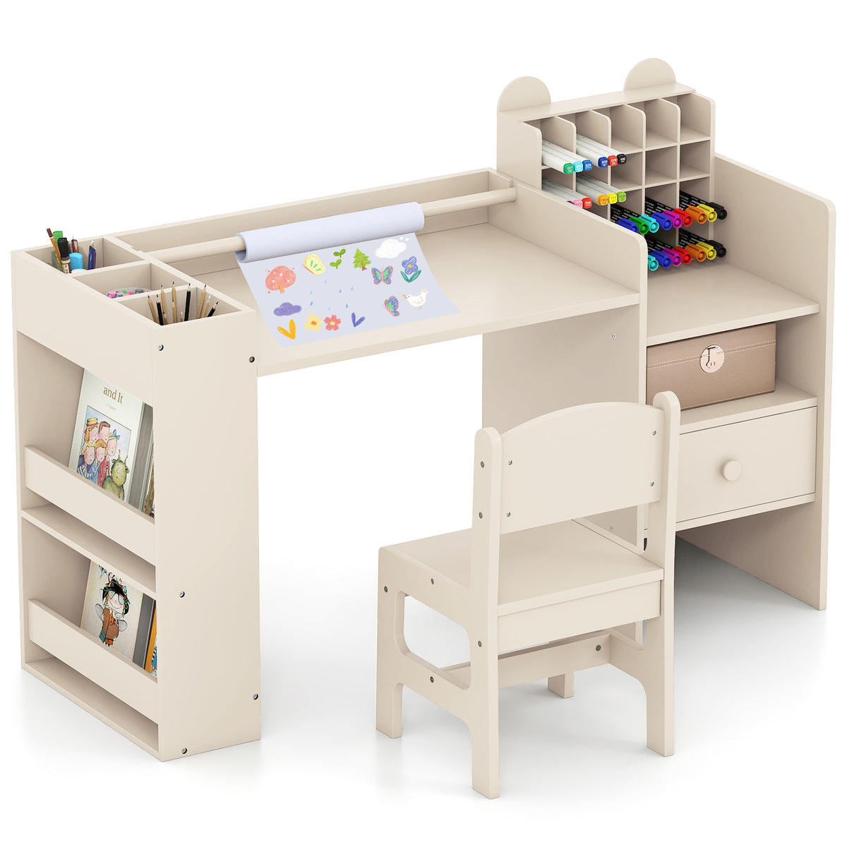 The kids table and chair set featuring a paper roll with drawings and organised art supplies