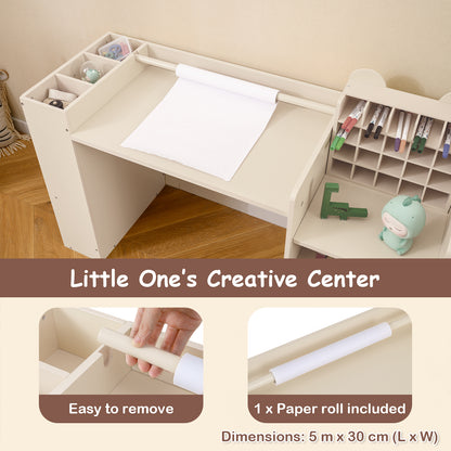 The kids table and chair set highlighting the removable paper roll holder and storage compartments