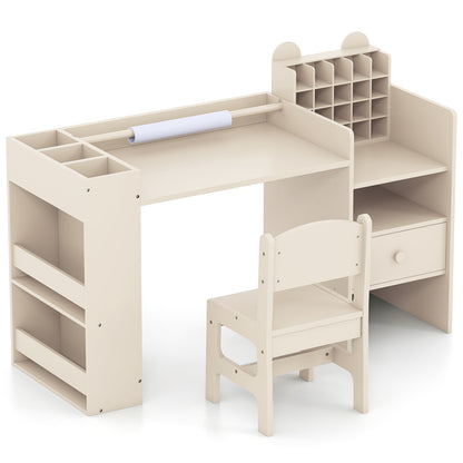 Kids Art Table and Chair Set with storage shelves and a paper roll holder in a natural wood finish
