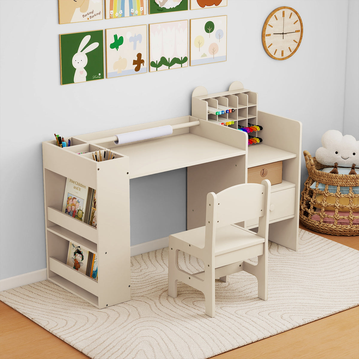 The kids table and chair set placed in a child's bedroom with books and art supplies on display