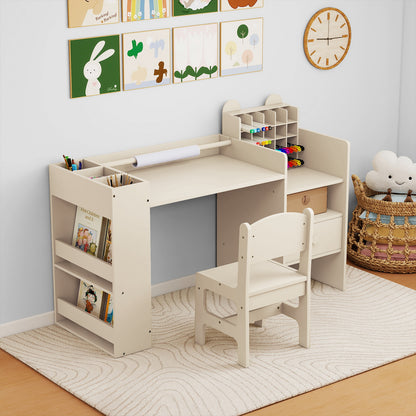 The kids table and chair set placed in a child's bedroom with books and art supplies on display
