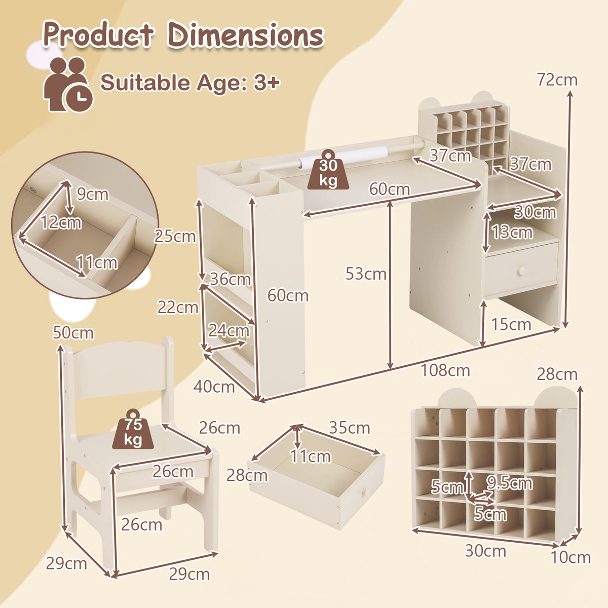 The kids table and chair set showing technical dimensions for the desk, chair and storage units