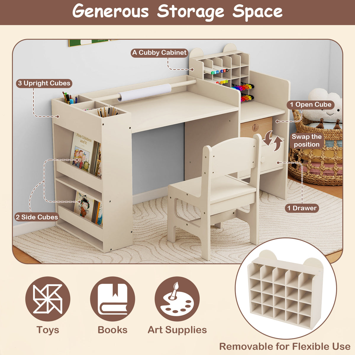The kids table and chair set showing various storage options including a removable cubby cabinet