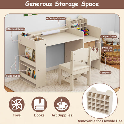 The kids table and chair set showing various storage options including a removable cubby cabinet