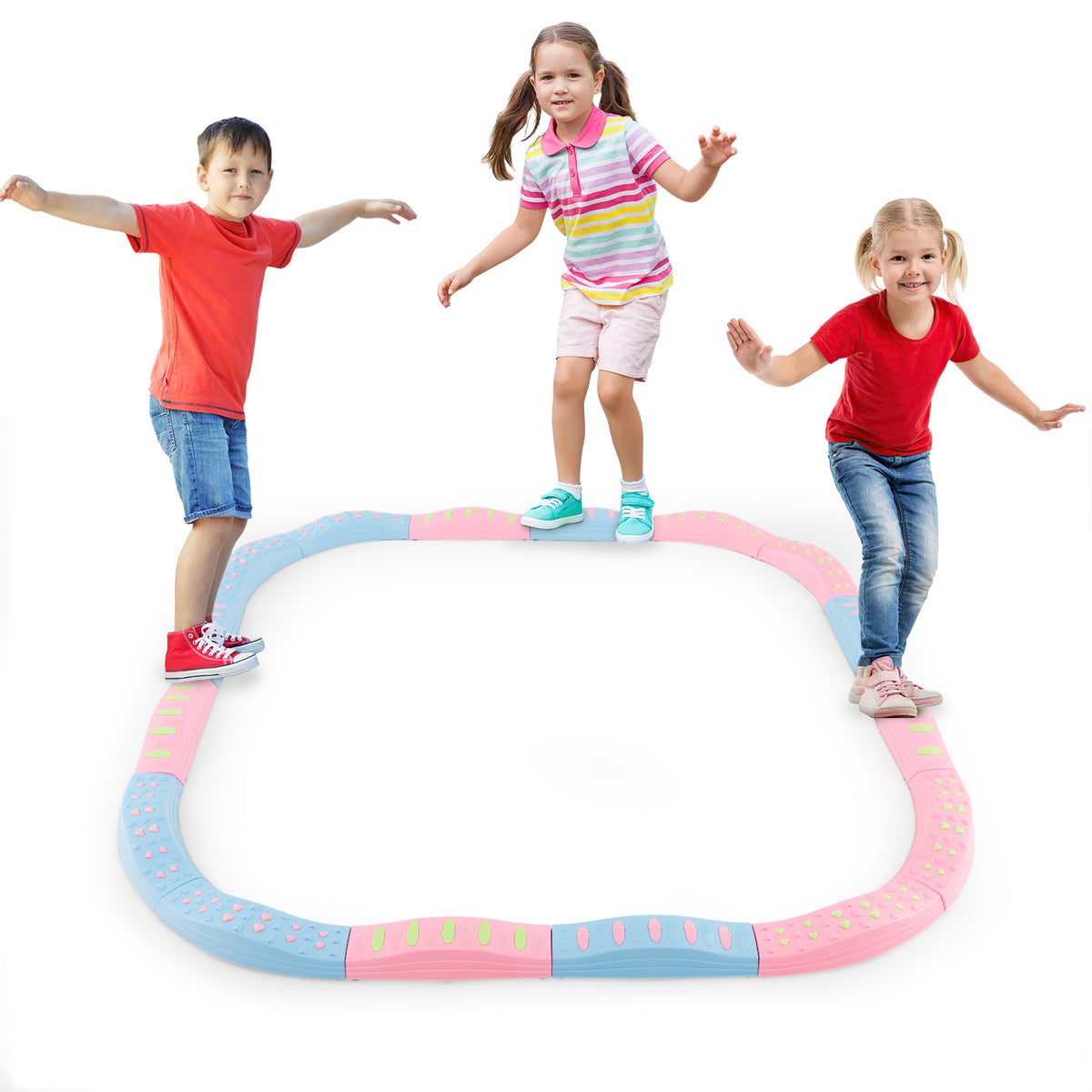 Three children balancing on the colourful toy sports stepping stones set