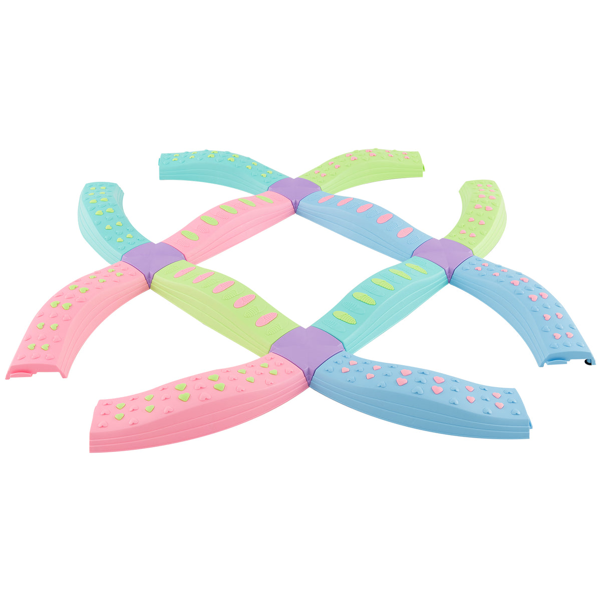 The toy sports beams linked together in a criss-cross pattern on a white surface