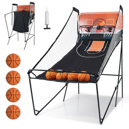 Game room basketball hoop machine with four basketballs on the court