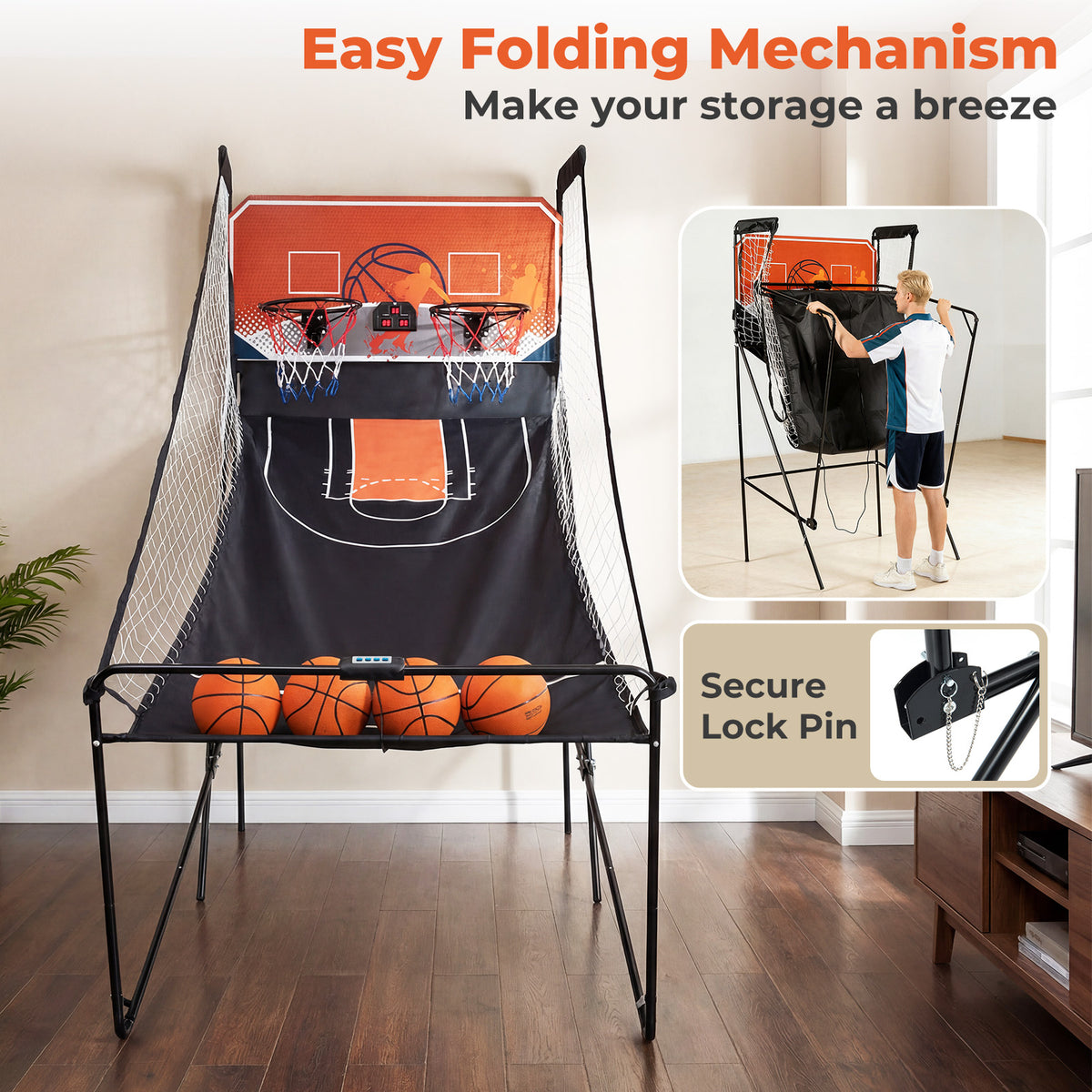 Folding mechanism and lock for the game room basketball hoop machine