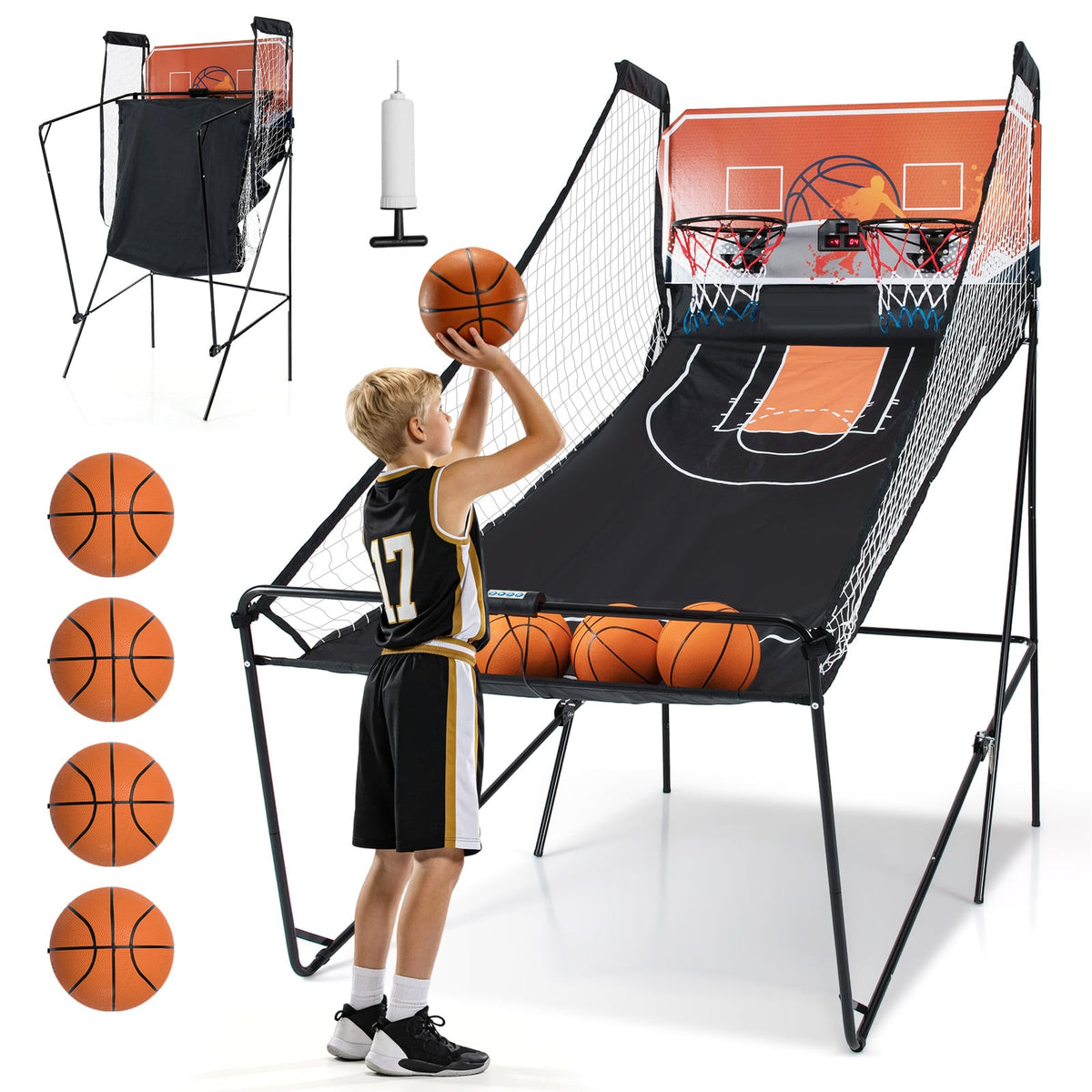Kids Basketball Hoop Machine with a boy holding a basketball and four basketballs on the side