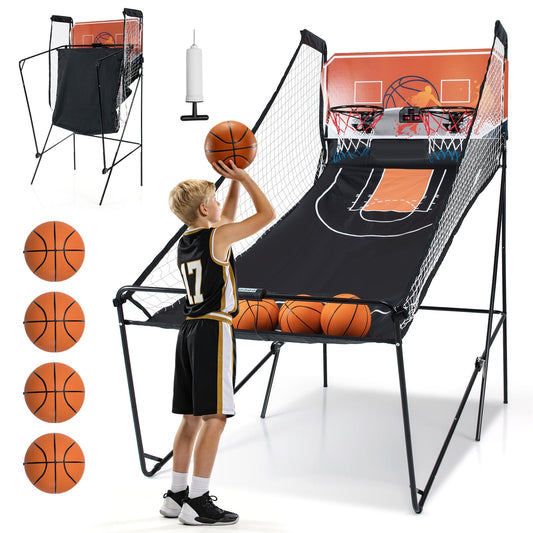 Kids Basketball Hoop Machine with a boy holding a basketball and four basketballs on the side