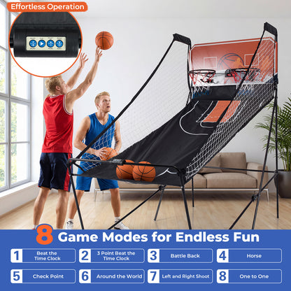 Game room basketball hoop machine with eight exciting playing modes displayed