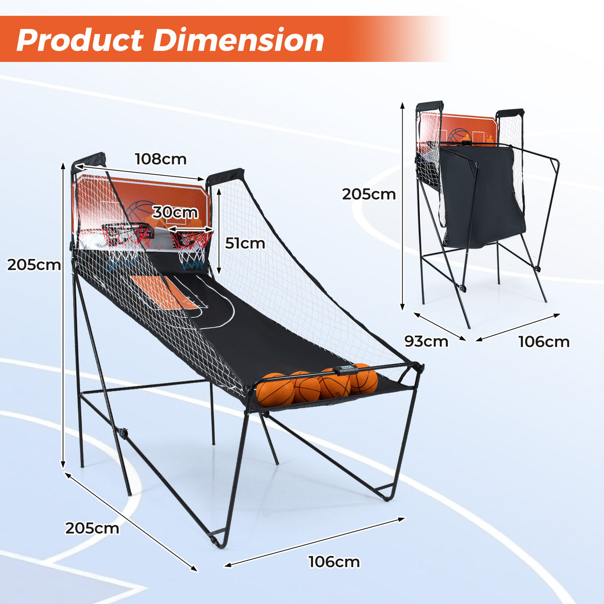Product dimension diagram for the game room basketball hoop machine