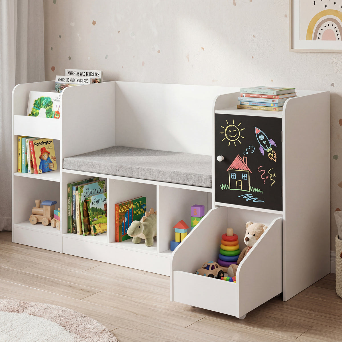This white kids storage unit has a chalkboard side and pull-out toy bin