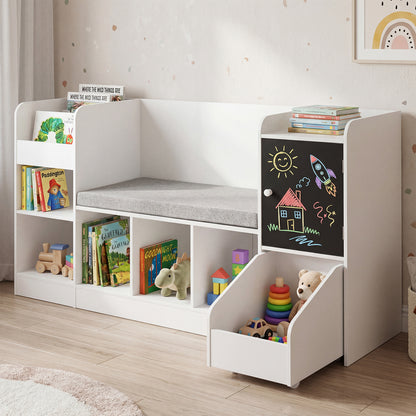 This white kids storage unit has a chalkboard side and pull-out toy bin