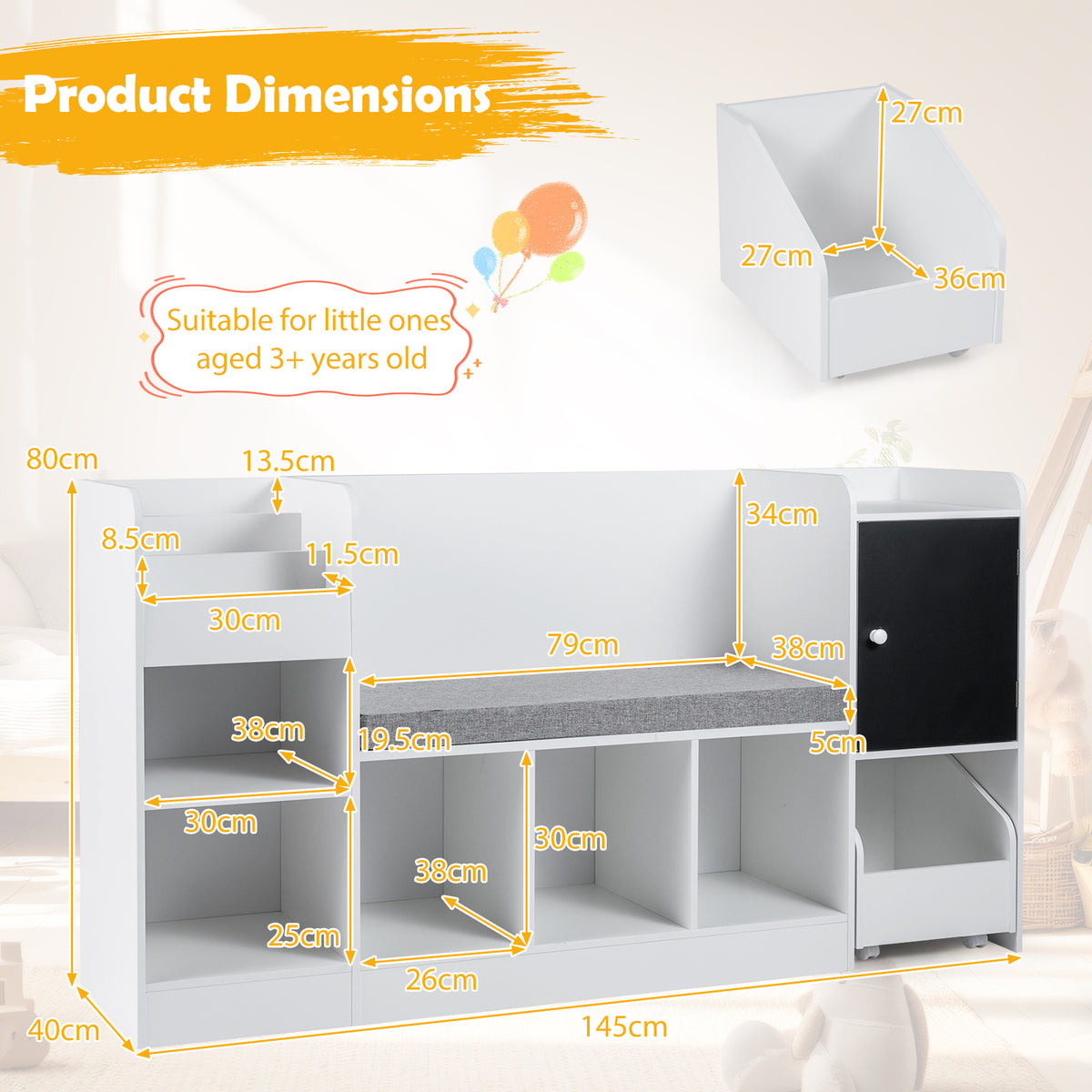 Product dimensions for the white kids storage unit with reading nook