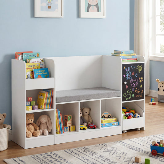 The white kids storage unit is shown in a child's bedroom with books and toys