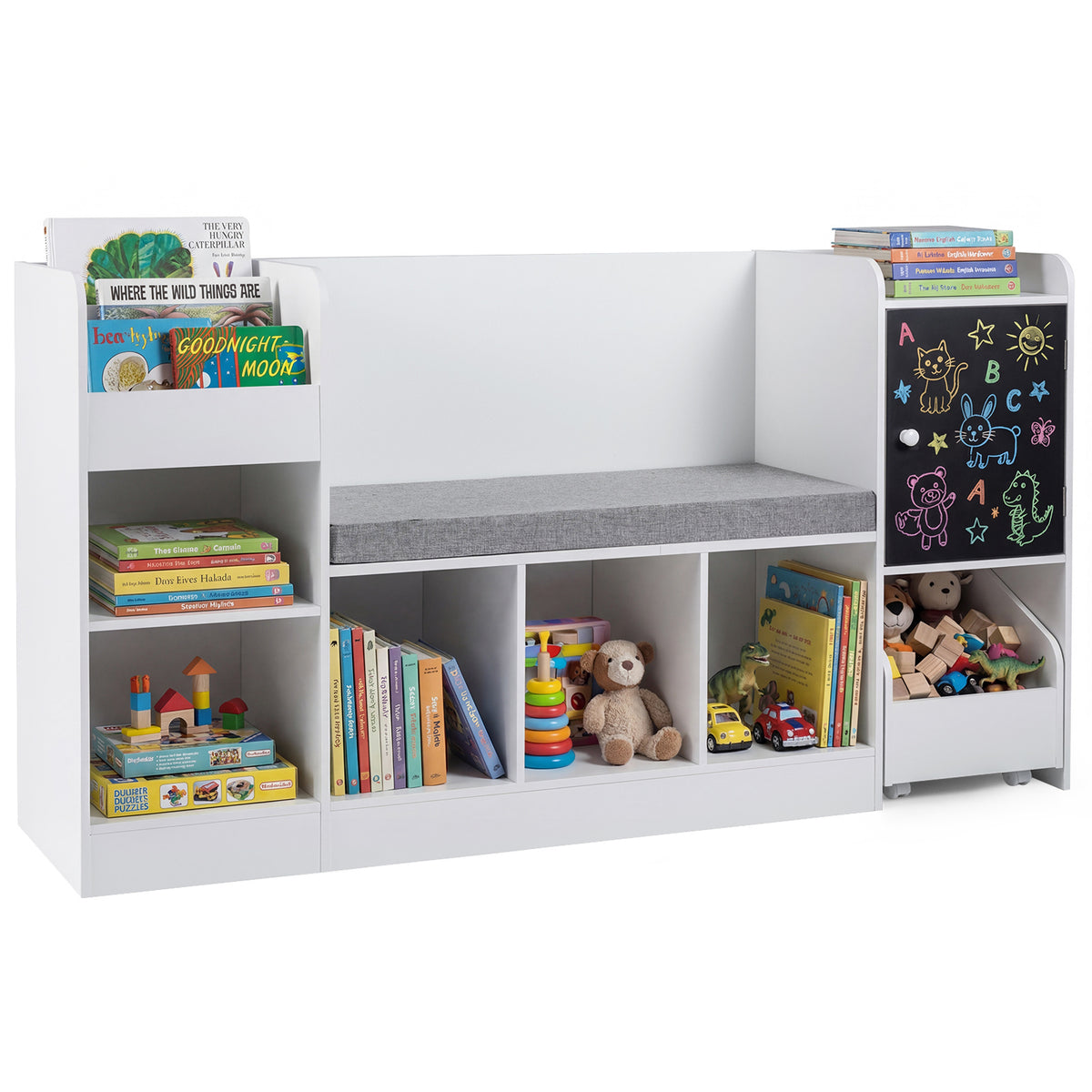 Kids Bookcase and Bookshelf with reading nook and toy storage in white
