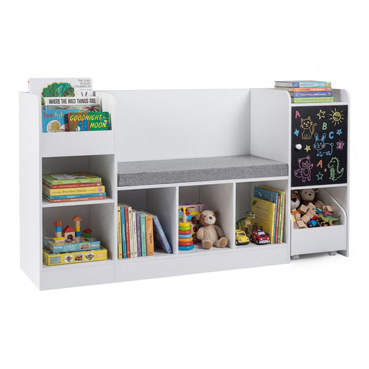 Kids Bookcase and Bookshelf with reading nook and toy storage in white