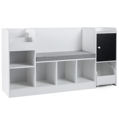 The white kids storage unit has a padded seat and multiple shelves