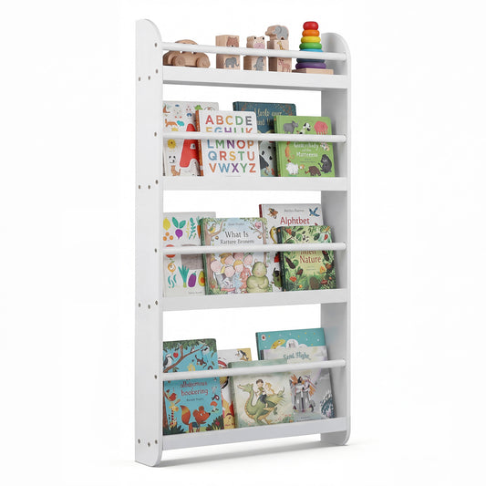 Kids Bookshelf 4-Tier Wall Mounted Book Shelf filled with colourful children books and wooden toys