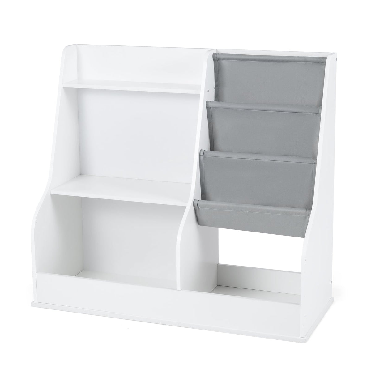 The white wooden toy storage organiser with fabric pockets, empty