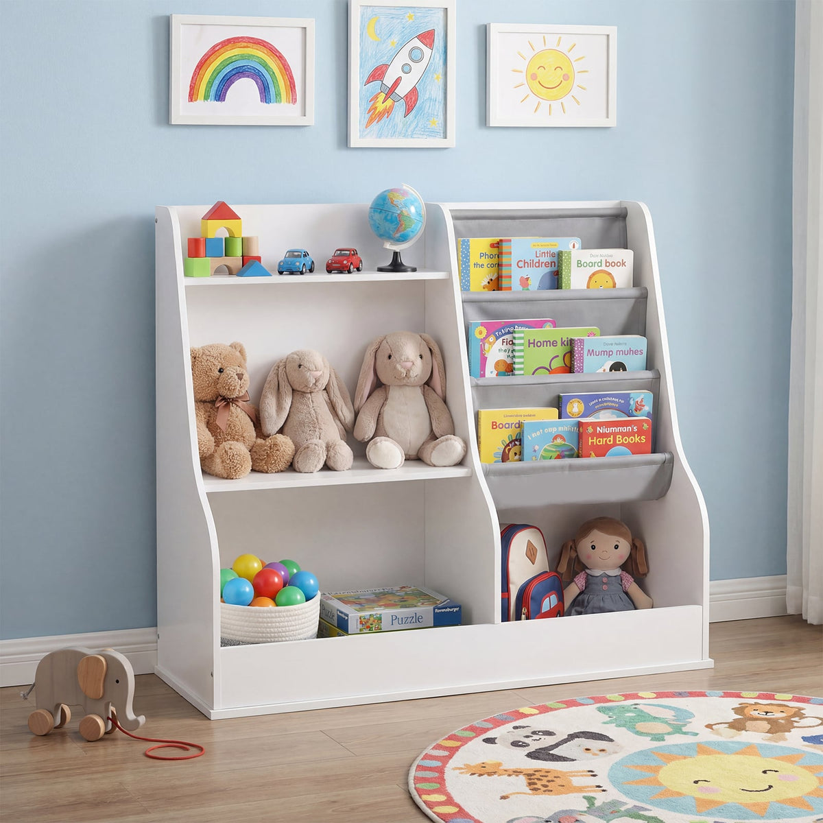 The white wooden toy storage organiser is shown in a child's bedroom with toys and books