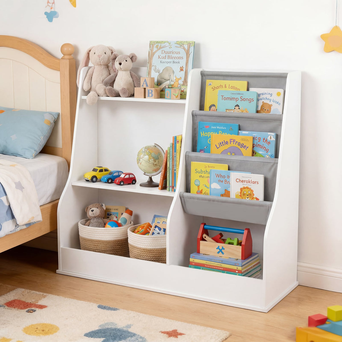 The kids storage unit is placed next to a bed, filled with books and toys