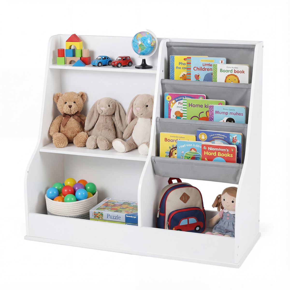 Kids Bookshelf 80 CM Wooden Toy Storage Organizer with 3 tiers of fabric pockets