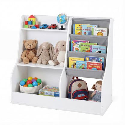 Kids Bookshelf 80 CM Wooden Toy Storage Organizer with 3 tiers of fabric pockets