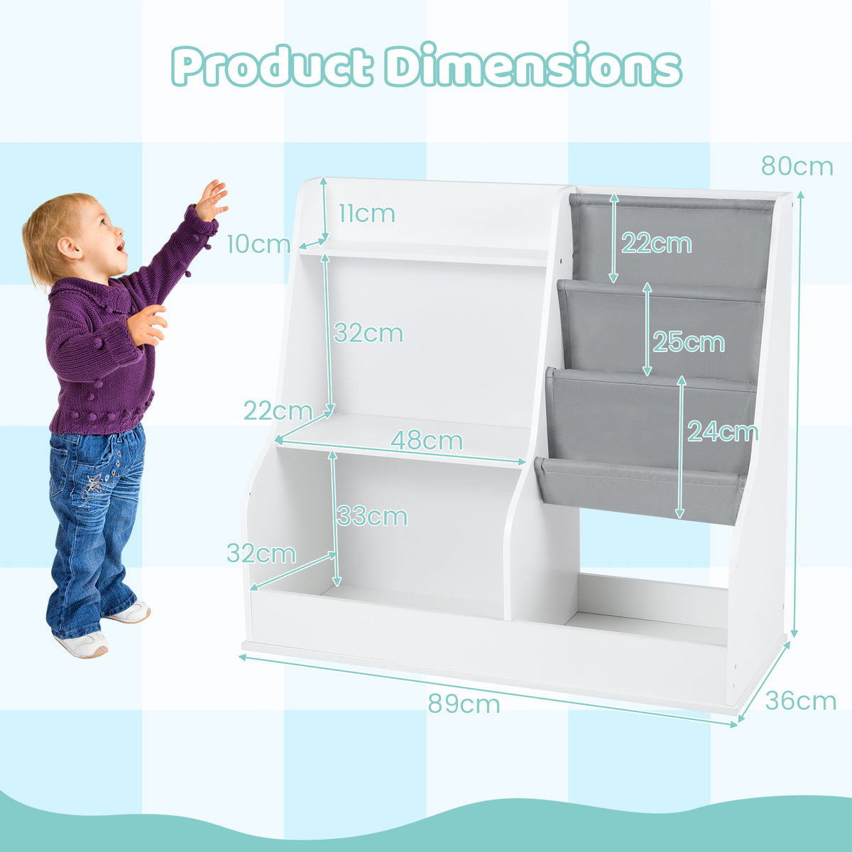 Product dimensions diagram for the kids storage unit