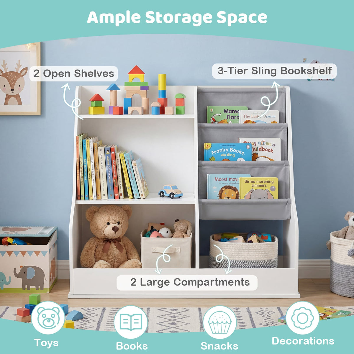 The white wooden toy storage organiser showing ample storage space