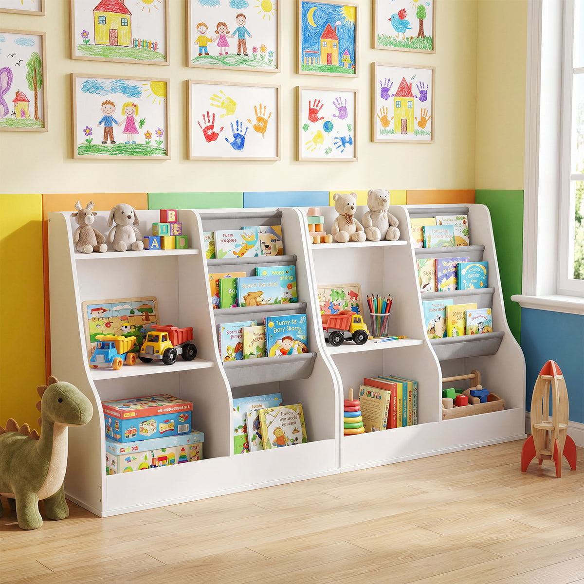 Two white wooden toy storage organisers placed side by side