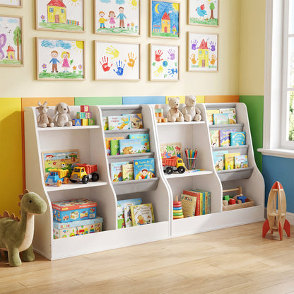 Two white wooden toy storage organisers placed side by side