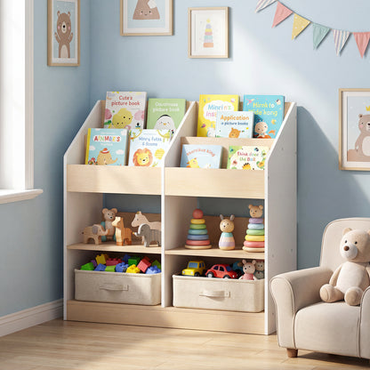 The kids storage unit standing in a corner of a room next to an armchair