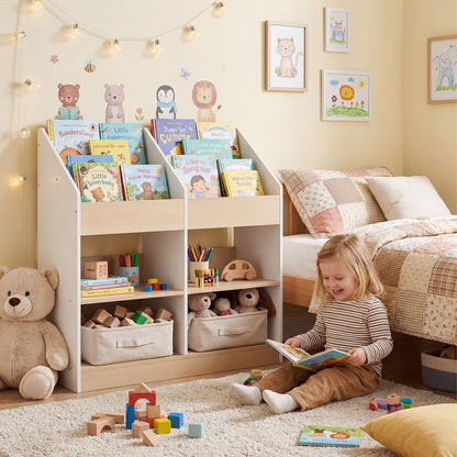 The kids storage unit placed in a bedroom next to a bed with a child reading a book