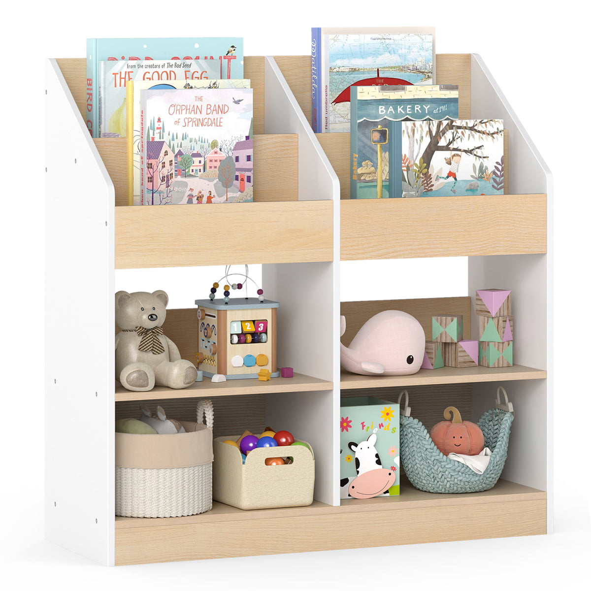 Kids Bookshelf Toddler Book Stand filled with various children books and toys on shelves