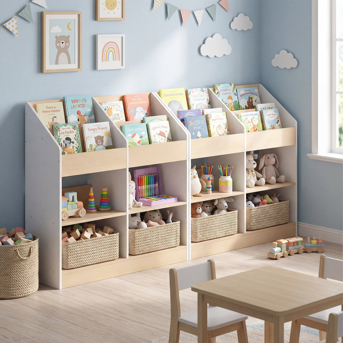 The kids storage unit shown as a double wide version in a playroom setting