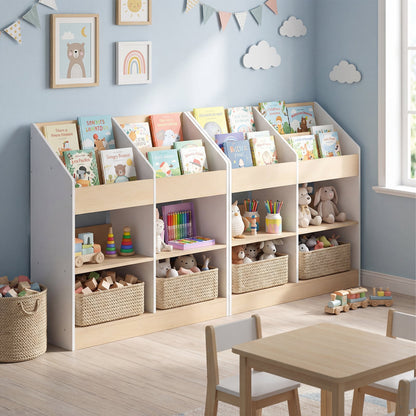 The kids storage unit shown as a double wide version in a playroom setting