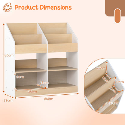 The kids storage unit with arrows showing dimensions and internal shelf space